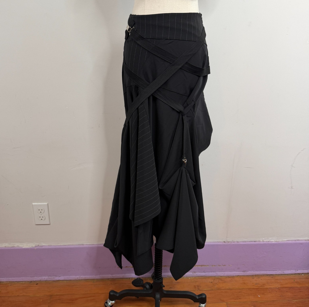 Black Pinstripe Suspender Strap Draped Deconstructed Avant Garde Midi Skirt M
